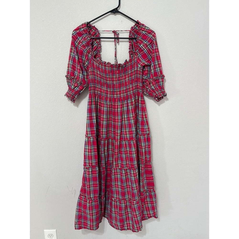 Hill House Nesli Red Tartan Nap Dress Size Large Smocked Midi Preppy Cottagecore